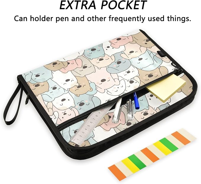 Cute Cartoon Dogs Expanding File Folder with Sticky Labels, 13 Pockets Accordion File Folder Document Organizer Expandable Zip File Folder with Zipper Closure
