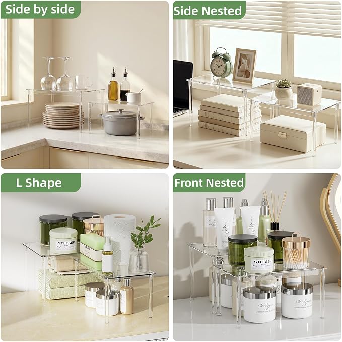 Delamu Cabinet Shelves, Clear Stackable Acrylic Storage Risers with Heavy Duty Support, Cabinet Organizer Shelf for Spices, Seasonings, Jars, Pantry, Kitchen Counter, Easy Assembly
