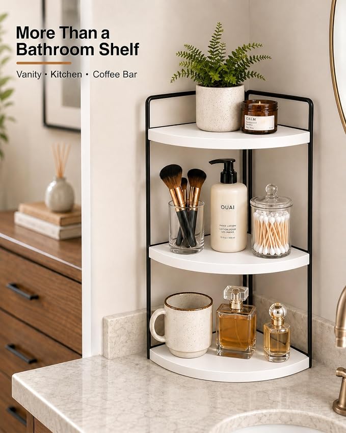 3-Tier Corner Bathroom Counter Organizer, Solid Pine Vanity Shelf, White | Solid pine 3-tier corner shelf with 6.3 in clearance for tall bottles in bathroom, vanity, kitchen, or coffee bar.