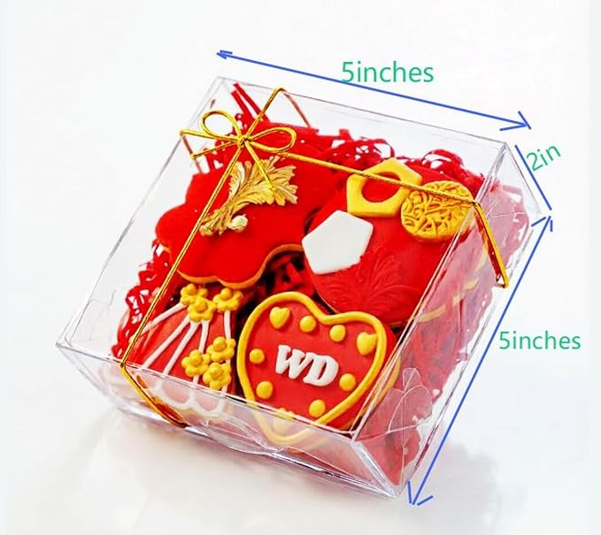 RomanticBaking 25PCS 5x5x2 Inches Transparent Gift Box Party Favors | Clear Treat Boxes for Cookies,Cake,Strawberries,Chocolate, Cinnamon Roll & More