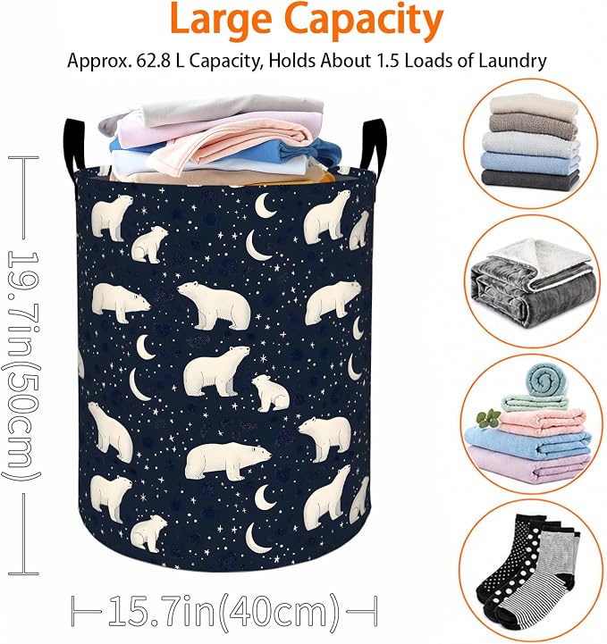Cute Polar Bear Laundry Basket, Star and Moon Oxford Cloth Dirty Clothes Collapsible Hamper for Room Decor, Night Sky Winter Gifts, Toy Organizer 19.7 x 15.7 Inches for Bedroom Bathroom Dorm