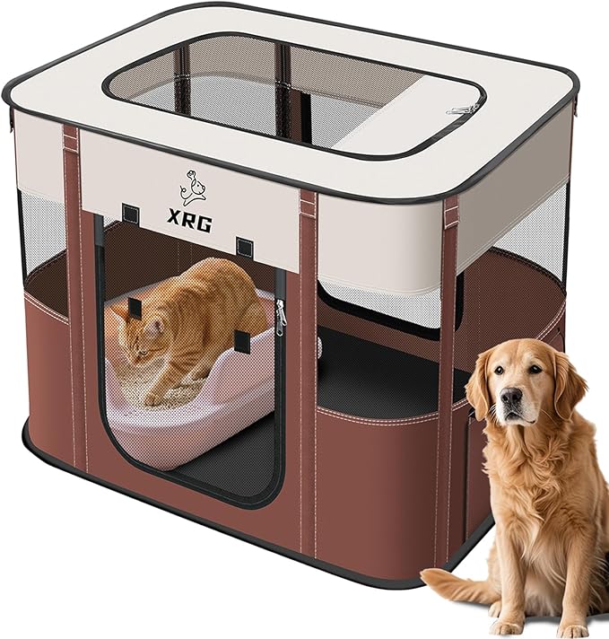 XRG Foldable Pet Playpen,Indoor Cat cage Puppy Crates L(35.4"x27.6"x23.6") | Portable Dog Crates with Upgrade Breathable Mesh，Sturdy Cat Kennel Indoor & Outdoor for Rabbit or Small Animals，Brown