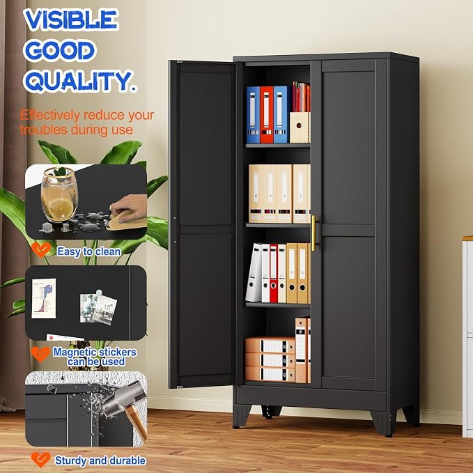 GAIOUS 61''Tall Metal Garage Storage Cabinet,File Cabinet with Door and Adjustable Shelves, Outdoor Steel Tool Cabinet for Home,Office,Warehouse,Garage,Black
