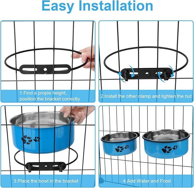 Stainless Steel Dog Crate Bowls Hanging No Spill 2 PCS - Adjustable Mountable Kennel Bowls for Medium/Large Dogs, Anti Spill Water & Food Bowl Set (Blue, M(5.5"+6.3"))