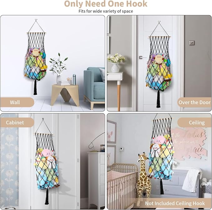 68 Inch Stuffed Animal Storage Net Corner Stuffy Hammock,Black | Boho Macrame Large Toy Hammock for Stuffed Animals Organizer,Wall Ceiling Over Door Stuffy Storage Holder,Nursery Room Decor