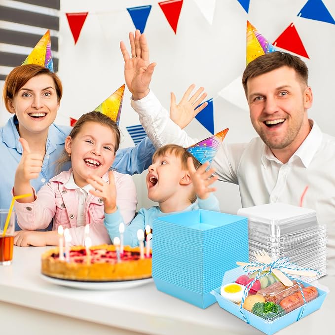 Whaline 50 Set Blue Small Charcuterie Boxes with Lids Forks Knives Summer Clear Mini Dessert Box Disposable Food Containers for Graduation Wedding Gift Giving Beach Party Sandwich Cookie Sushi Cake