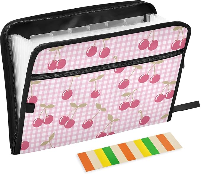 Cute Pink Cherry Berries Checkered File Organizer 13 Pocket Expanding File Folder with Front Pouch Portable Business Fire Storage Document Organizer Folder with Zipper