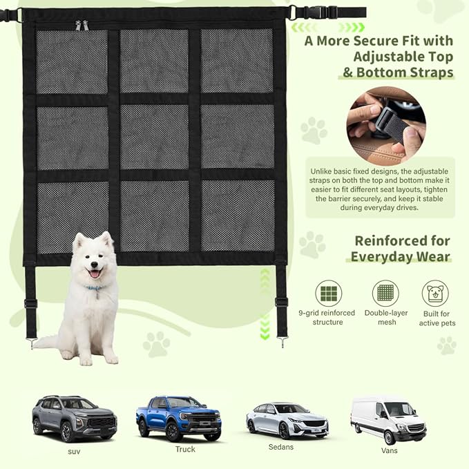 Dog Car Barrier for VW Caddy 2003-2020, Dog Barrier Adjustable Mesh Divider with Zipper Backseat Pet Net Breathable Safety Partition for Travel