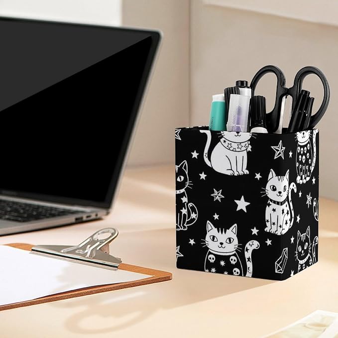 PU Leather Pen Pencil Holder Halloween Gothic Witch Moon Star Cat Skull Black And White Pencil Cup Stationery Container Box Makeup Brush Holder Storage Organizer for Office Supplies