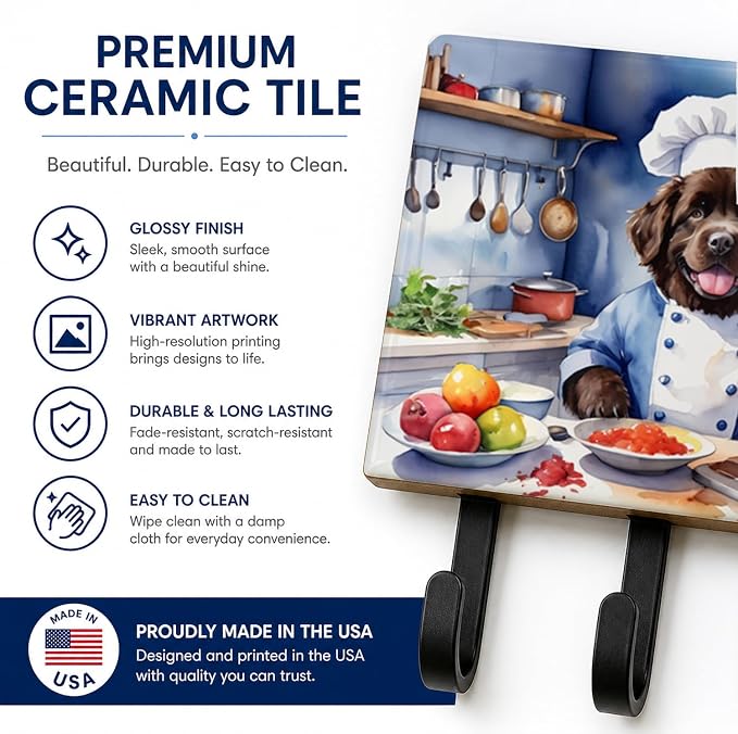 Caroline's Treasures Newfoundland The Chef Leash or Key Holder Wall Hooks, Key Hooks Holder, Coat Rack Wall Mount, Coat Hooks, Hooks for Hanging Keys, Towels, Aprons, Leashes | Newfoundland The Chef artwork on ceramic tile with three steel hooks for ke...