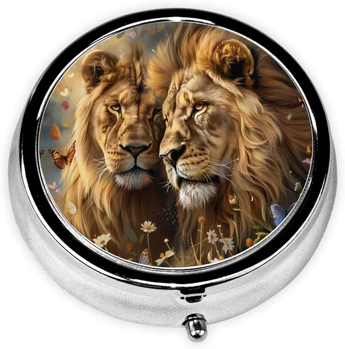 Couple Lions in Love Portable Pill Organizer | 3 Compartment, With Mirror, For Men Women, For Daily Supplements, Vitamins, Fish Oil, Jewelry, Candy, Travel