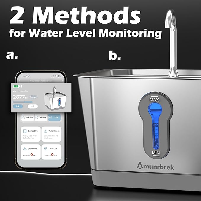 Amunrbrek Smart Cat Water Fountain with App, 3.5L Stainless Steel Gravity Pet Water Dispenser, Silent Pump, Low Water Alert & Drinking Tracking
