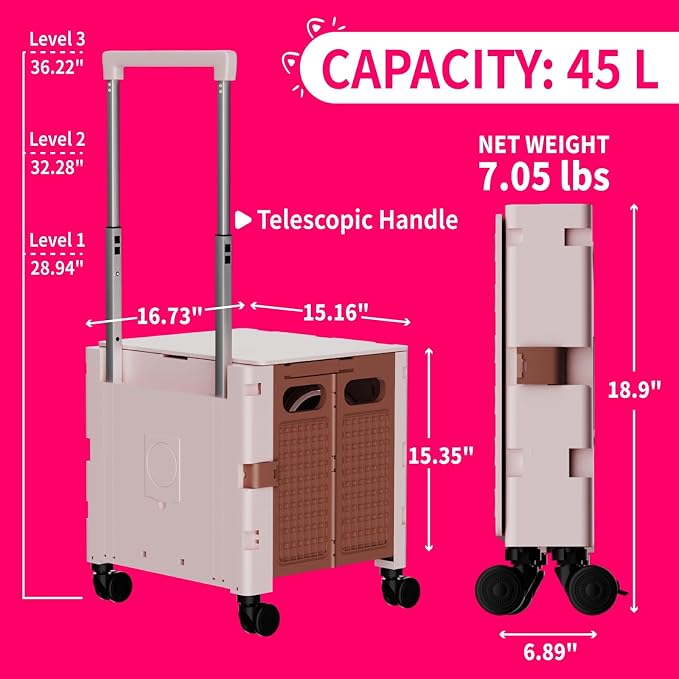 Foldable Shopping Cart with Wheels: Cat-Style Rolling Utility Crate | Adjustable Handle, Clear Window, All-Terrain Wheels, Grocery Trolley for Teacher, Market, Office, Luggage, Laundry, Garden