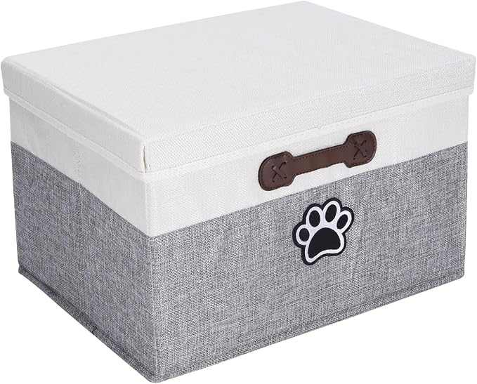 Dog Toy Basket with Lid, Fabric Dog Toy Box with Handle, Collapsible Dogs Cat Toys Storage Bins,Pet Storage and Orgnizer-White/Gray