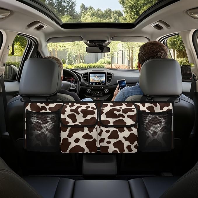 Cow Print Car Trunk Organizer SUV Accessories for Women Quick-Clean Back Seat Car Organizer, Machine Washable