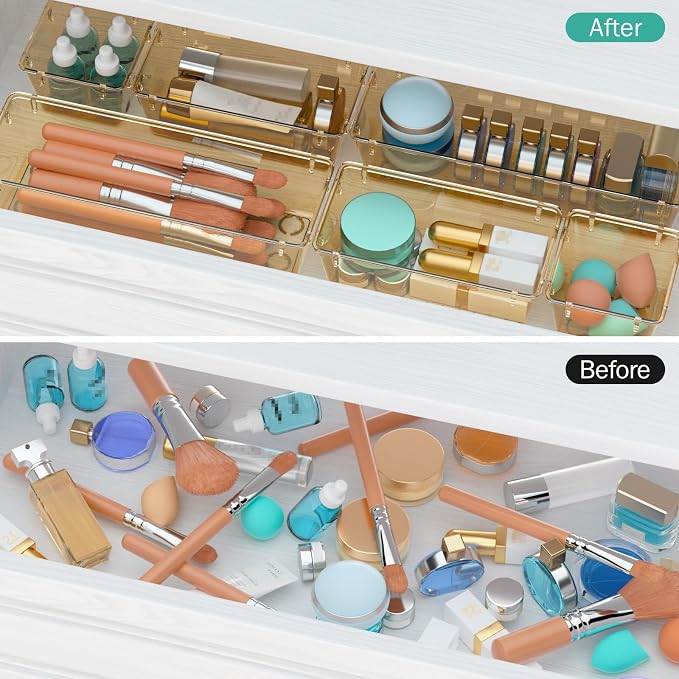 6 Pack Clear Drawer Organizer Set, Drawer Storage Trays, Storage Bins | Acrylic Drawer Storage Trays, Storage Bins for Makeup, Cosmetics, Jewelries, Utensils, Gadgets, Office