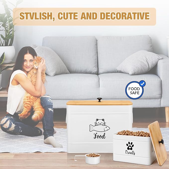 Reallnaive 2 Pcs Large Metal Cat Food Storage Containers 12+3.5 Lbs Decorative Pet Treat Snack Jars Airtight Bamboo Lids & Dry Food Scoop for Farmhouse Kitchen Counter Decor, Pet Owner Gifts(White)