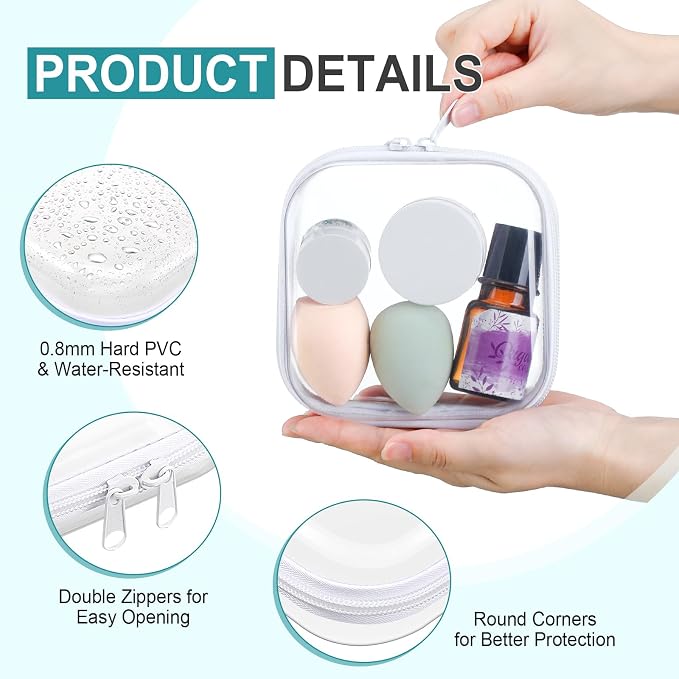 Ceenna 2 Pcs Clear Zipper Case Hard Shell Pouches,2 Small Square | Multiple Sizes Plastic Makeup Bags Pencil Case Organizer Diaper Bag Pouches Clear Travel Toiletry Bag for Women