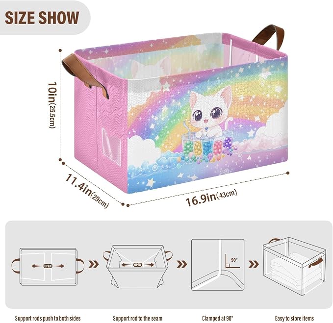 Cute White Cat Rainbow Colorful Baby Storage Basket with Labels&Handles Rectangular Waterproof Nursery Storage Bins Collapsible Shelf Organizer Baskets for Kids Books Cloth Gift Basket Toys Laundry