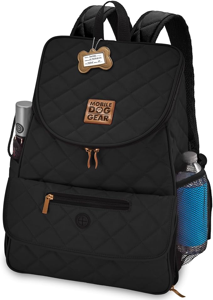 Mobile Dog Gear: Weekender Backpack - Black - Quilted Pet Travel Bag Holds Dog Accessories, Food Carriers, Silicone Bowls, Built-In Feeding Placemat