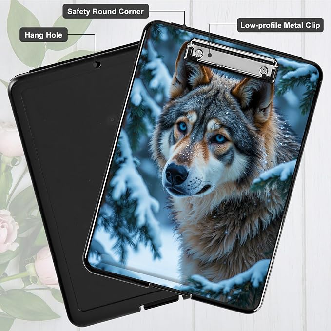 Heavy Duty Storage Clipboard, Slim Nursing Clipboard with Internal Pen Case, Portable File Organizer Case for A4 Letter Size Paper Office Medical Professionals, Snow Forest Wolf