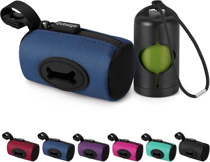 Gobeigo 2-in-1 Dog Poop Bag Holder【Easy Pull-Out Version】(Navy Blue) | Hard Plastic Insert & Soft Fabric Bag Snap-On Strap Dispenser Fits Retractable and Standard Leashes with 1 Roll Bags