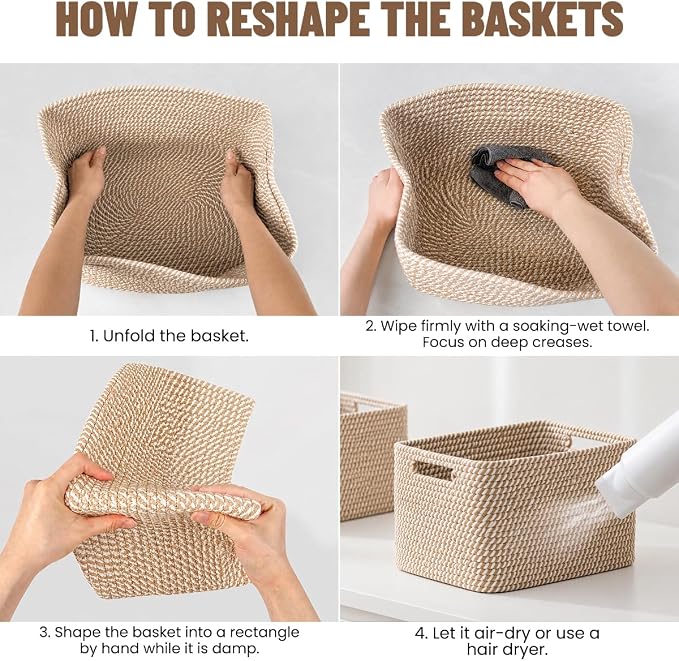 5 Pack Woven Storage Baskets, Decorative Storage Bins for Organizing | 13.8'' × 9.8'' × 7.9'', Cotton Rope Basket Organizer for Closet, Shelves, bathroom, Nursery, Toys, Books, Pantry, Khaki