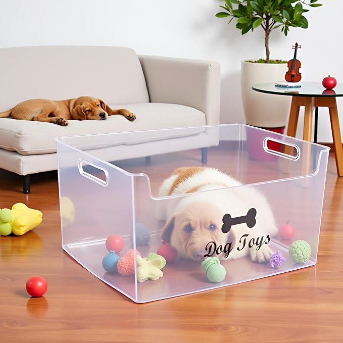 Morezi Dog Toy bin Basket Storage in Plastic Front Shallow Designed Dog Toy Organizer Great for Collecting pet chew Toys leashes Clothing in Living Room Area playroom Closet Shelf Gift Basket