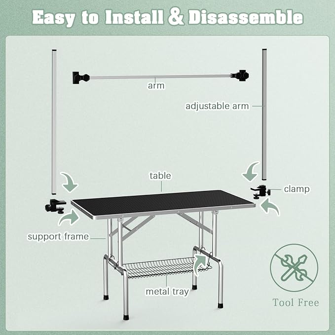42'' Stainless Steel Pet Dog Grooming Table, Arm/Noose/Tray, Black | Foldable Dog Grooming Table for Dogs at Home, Adjustable Height Arm, Non-Slip Waterproof Tabletop, Capacity 330Lb