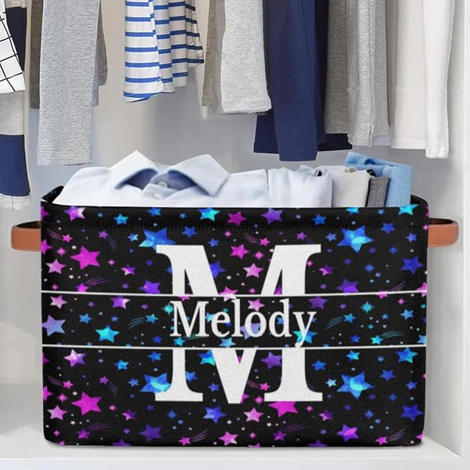 Personalized Name Storage Basket, Blue Pink Stars with Initial Letter