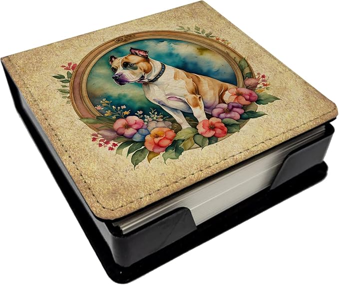 Caroline's Treasures American Staffordshire Terrier and Flowers PU Leather Note Paper Holder with Artist-Designed Cover, Desk Accessory, Office Gift