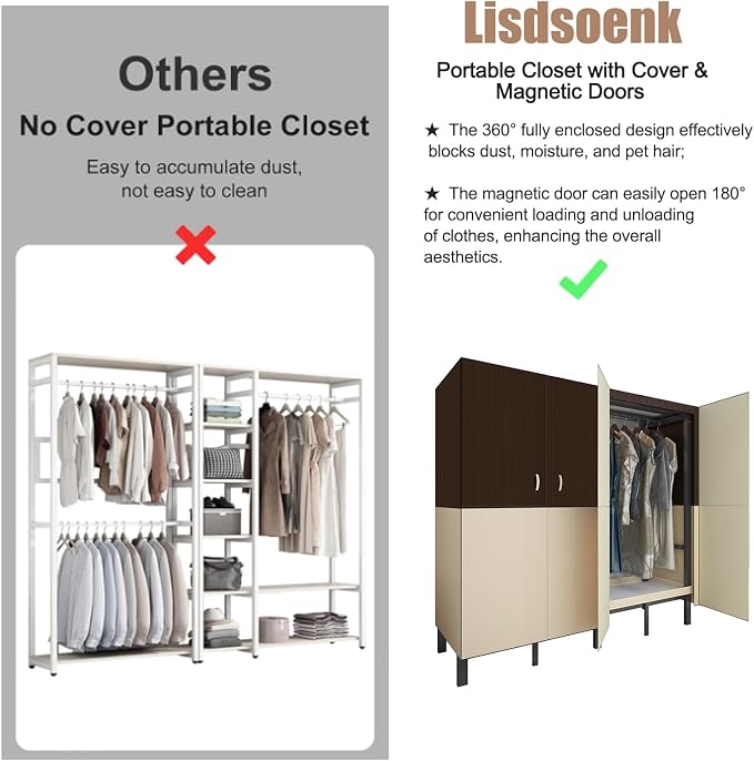 Heavy Duty Clothes Rack with Cover & Magnetic Doors, 1500lb Portable Wardrobe Closet - Foldable Garment Rack for Bedroom, Large Storage for Hanginng Dresses Jackets (Brown, 49.2IN)