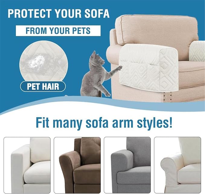 2Pcs Armrest Chair Covers for Sofa Waterproof Couch Arm Covers Armchair Covers for Arms Sofa Arm Covers Sofa Armrest Organizer for Magazine,Tablet,Phone (Ivory)