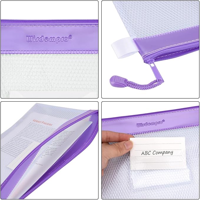 Wisdompro Zipper Pouch, 4 Pack Waterproof Mesh File Bag, Document Organizer | 13.3x9.8", Letter Size Mesh Bag with Outer Label Pocket, Durable, Perfect for Office, School & Home, Blue/Purple/Yellow/Pink