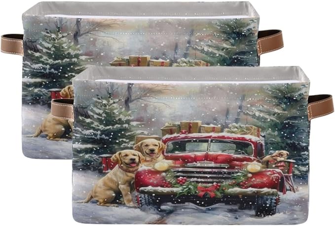 Christmas Truck Golden Retriever Storage Basket Fabric Kitchen Baskets Winter Car Dogs Xmas Tree Open Home Storage Bins Boxes Foldable Organizer Bag for Book Shelf Closet Baskets 16×12×8 Inches 2 Pack