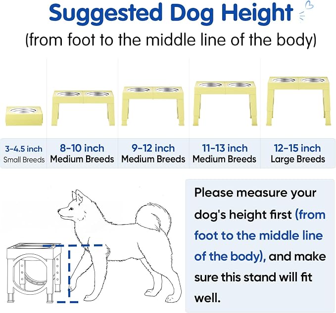 XIAZ Elevated Dog Bowls Large Breed Raised Dogs Bowl Stand Large/Medium Sized Dog Stainless Steel Food Water Bowl Stands 5 Heights Adjustable 9/11/12/15in Pet Feeder Dish Station