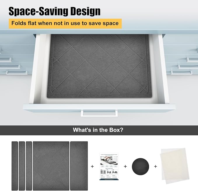 3-in-1 Collapsible Stone Dish Drying Mat for Kitchen Counter | Foldable Water Absorbing Diatomaceous Earth Drying Organizer Pad for Plate Rack Bottles Utensils (Gray - Grid Pattern, 24‘"x16")