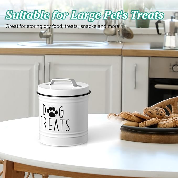 OUTNILI Large Dog Treat Container Airtight - 6.6" Tall X 6" Round White Dog Treat Jar for Kitchen Counter - Rustic Treat Storage Canister for Dogs, Cats, Small Animals - Gifts for Pet Owners
