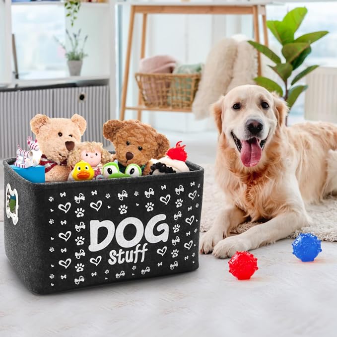 WRINGKIT 3 Pack Dog Toy Bin Basket, Large, Collapsible | Pet Puppy Storage Bin Box with Handles, Felt Storage Bin Basket for Dog Toys, Blankets, Pet Supplies Storage, Dog Room Decor