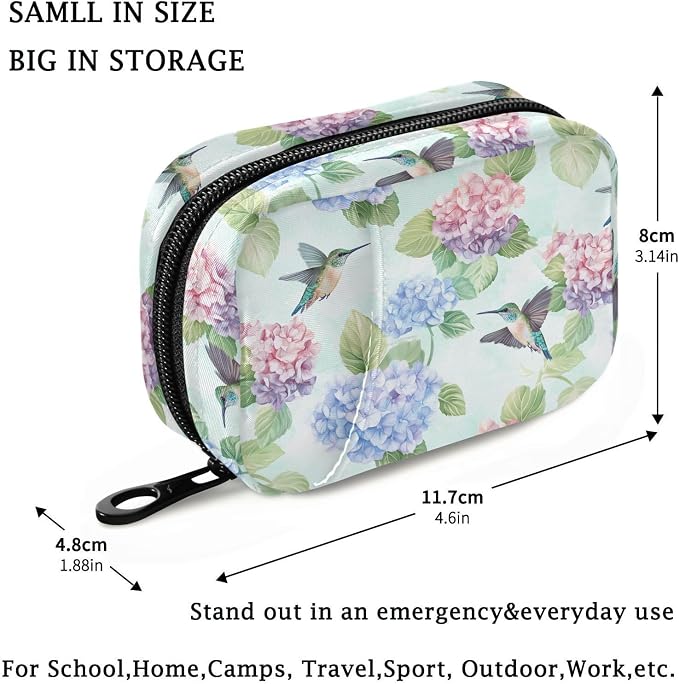 Fustylead Cute Hummingbirds and Hydrangea Floral Pill Organizer for Purse, Weekly Portable Pill Box with Zipper to Storage Vitamins Fish Oils Medications Supplements
