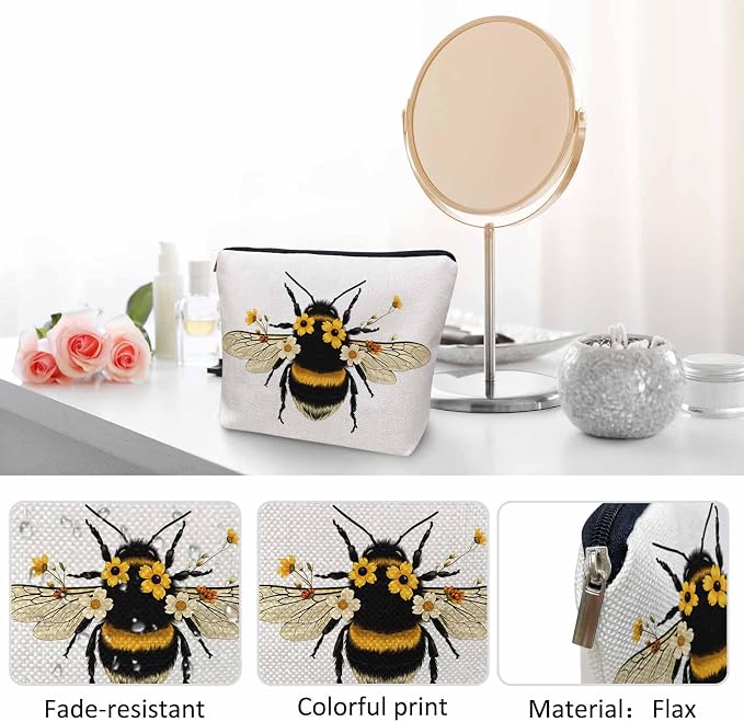 Women Makeup Organizer Bag Bumblebee Bumblebee Honey Bee Sunflowers Yellow Flax Cosmetic Bag Makeup Bags Toiletry Bag Accessories Organizer Travel Bags For Home Bathroom Office Hotel Gym