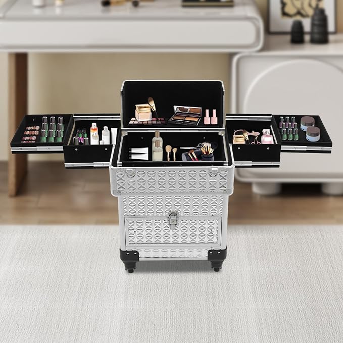 Portable Makeup Organizer Suitcase,Large Cosmetic Trolley (Silver) | Rolling Makeup Train Case,Professional Cosmetic Trolley,Cosmetic Storage Box,Travel Beauty Luggage Trolley Lockable