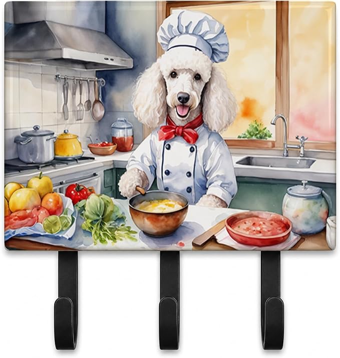 Caroline's Treasures White Poodle The Chef Leash or Key Holder Wall Hooks, Key Hooks Holder, Coat Rack Wall Mount, Coat Hooks, Hooks for Hanging Keys, Towels, Aprons, Leashes | White Poodle The Chef artwork on ceramic tile with three steel hooks for ke...