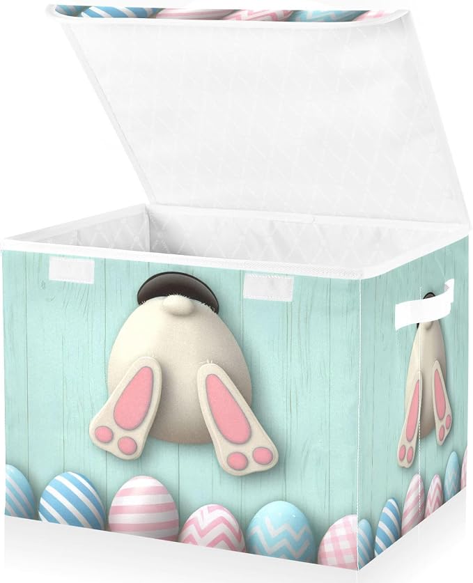 Easter Bunny Storage Bins with Lids and Carrying Handle,Foldable Storage Boxes Organizer Containers Baskets Cube with Cover for Home Bedroom Closet Office