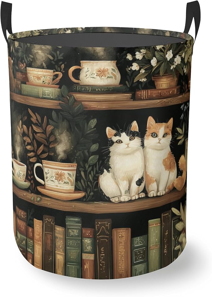 Cat Bookshelf Round Laundry Hamper Storage Basket Toys Clothes Organizer Bin For Home Bathroom Bedroom Dorm Nursery