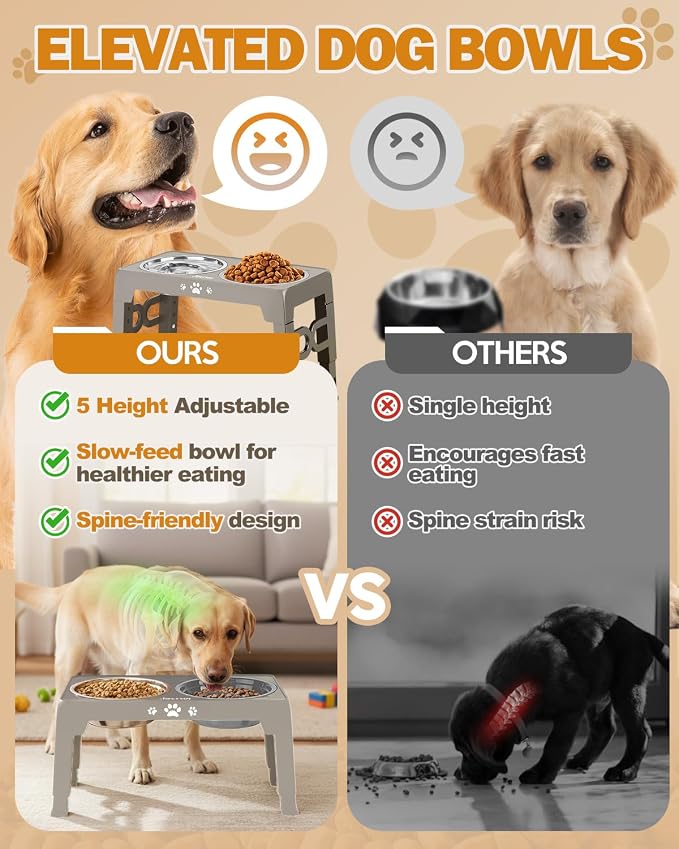 Jovrun Elevated Dog Bowls for Medium Large Dogs with Mat, Non-Slip Dog Feeder with 1*Stainless Steel Dishes & 1*Slow Feeder Bowl, 5 Heights Adjustable Raised Bowls for 3.15″-8.66″-9.84″-11.02″-12.2″