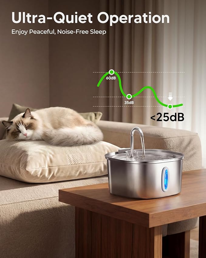 PEKTACO Stainless Steel Cat Water Fountain, 3.2L/108oz Cat Water Dispenser with Quiet Water Pump, Dishwasher Safe Pet Drinking Fountain for Cats with 3 Filters + 3 Sponges