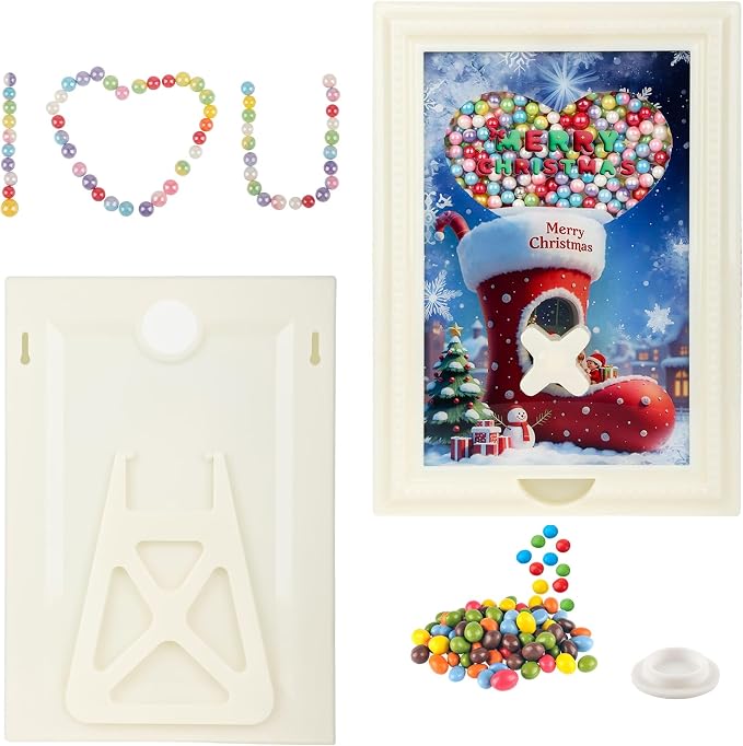 Candy Dispenser Picture Frame, Wall-Mount & Tabletop Gumball Machine with Multiple Designs for Candy, Nuts, Treats, Interactive Home and Office Decor (Christmas Boots, Off-White)