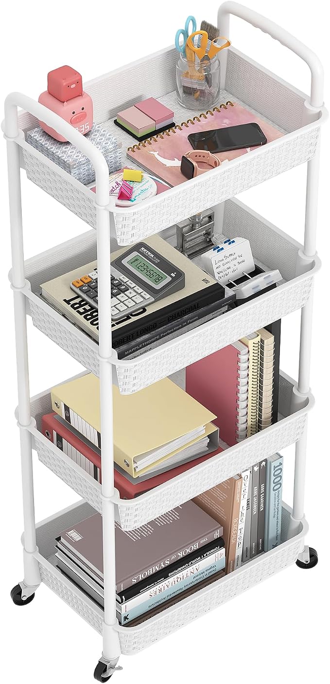 MOYIPIN 4-Tier Plastic Rolling Utility Cart with Handle,White | Utility Storage Cart for Office, Living Room, Kitchen,Movable Storage Organizer，Easy installation，Rattan-like art design