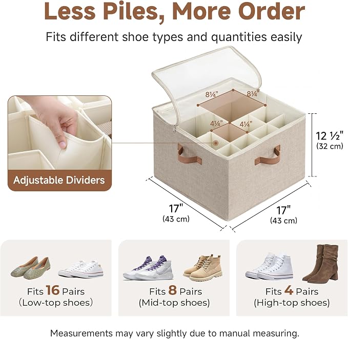 StorageWorks 16-Pair Closet Shoe Organizer with Adjustable Dividers, Taupe | Holds up to 16 Pairs, Foldable, Clear Lid, Reinforced Handles, Fits Sneakers, Boots & Heels, For Closet, Entryway & Bedroom